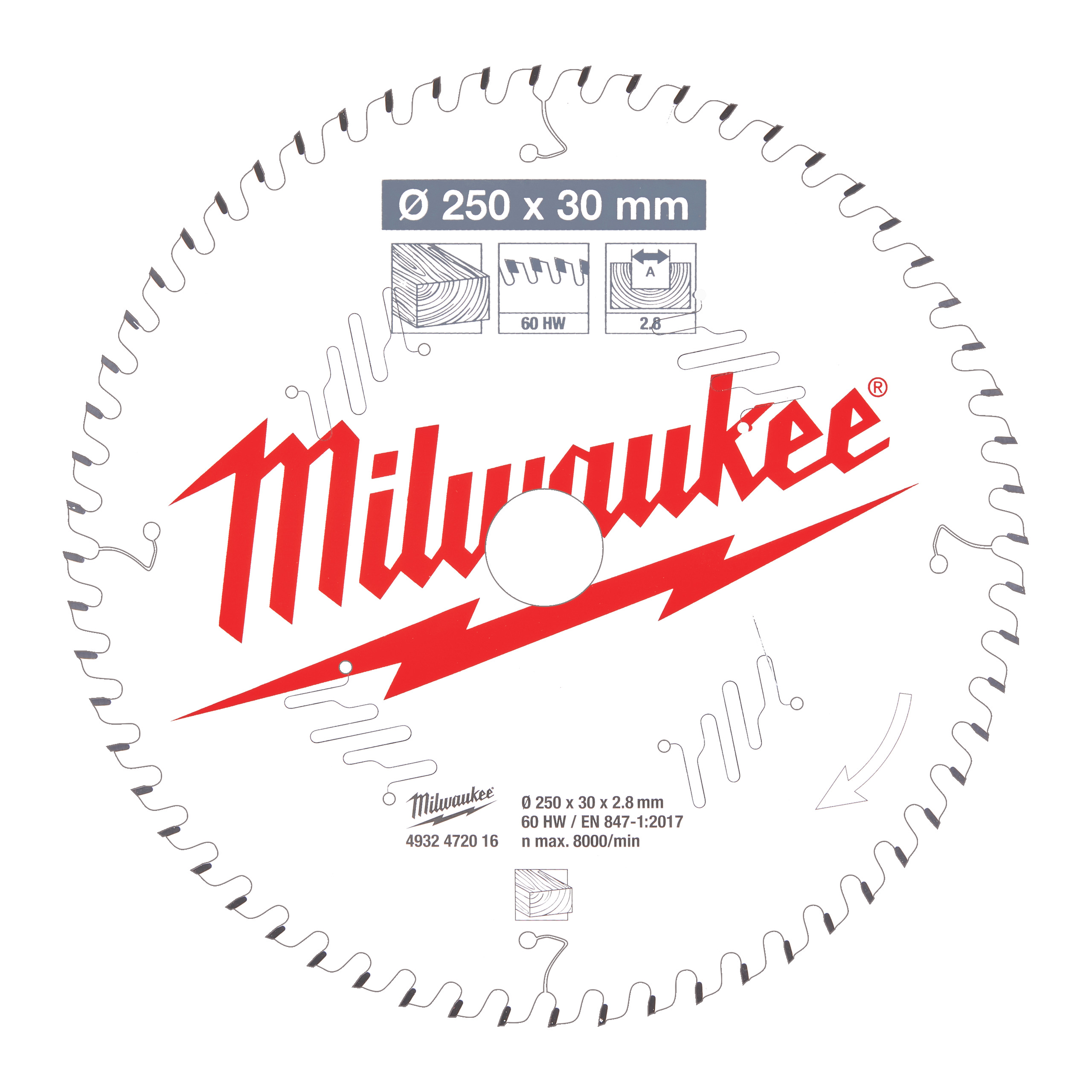 Milwaukee Kreissägeblatt 250/30 mm 60Z Holz